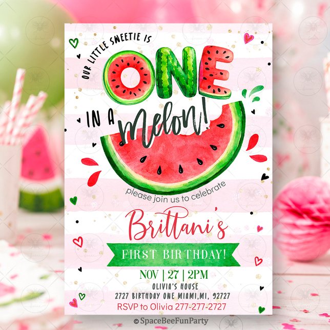 Invitation Un Melon Anniversaire 1ère Fête Pastèque  (watermelon birthday invitation, one in a melon, first birthday invitation, summer birthday party, wa)