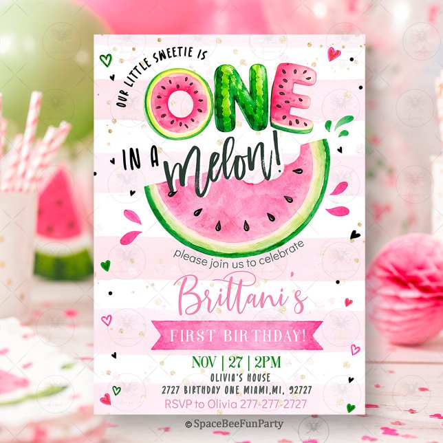 Invitation Un Melon Anniversaire 1ère Fête Pastèque  (watermelon birthday invitation, one in a melon, first birthday invitation, summer birthday party, wa)