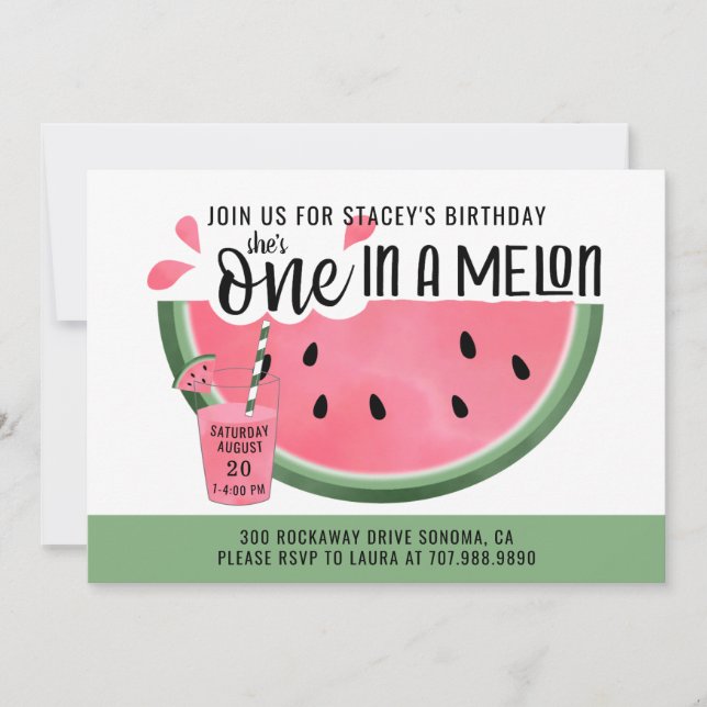 Invitation Un Melon Rose Vert Aquarelle 1er Anniversaire (Devant)