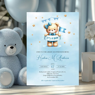 Invitation Un mignon bébé ours c'est un garçon baby shower