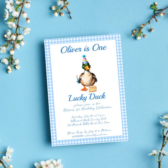 Invitation Un modèle d'anniversaire de en vichy bleu canard c (One lucky duck blue gingham  birthday party template invitation digital download cute mallard duck)