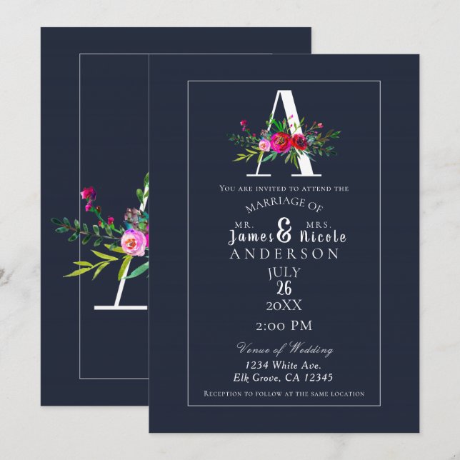 Invitation Un monogramme avec une initiale moderne florale bl (Devant / Derrière)