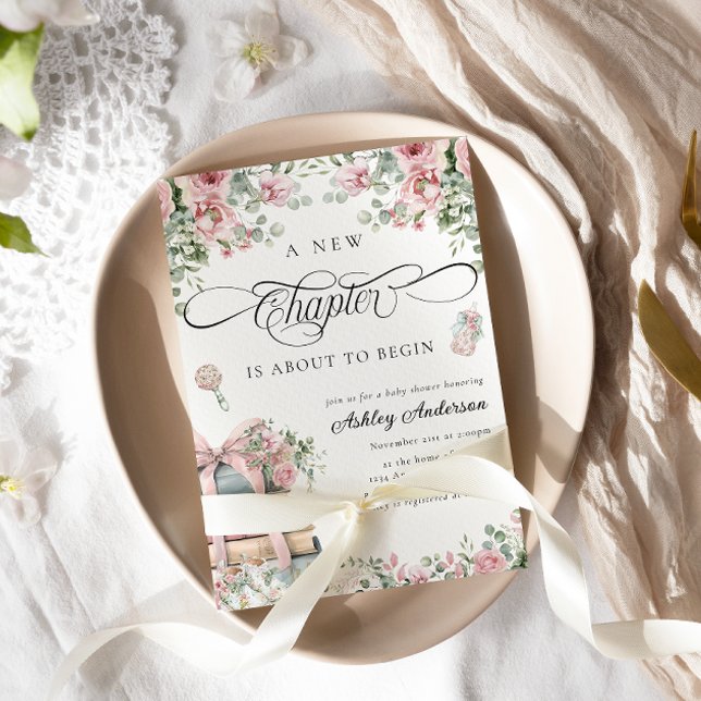 Invitation Un nouveau chapitre Baby shower floral de Bow rose (Créateur téléchargé)