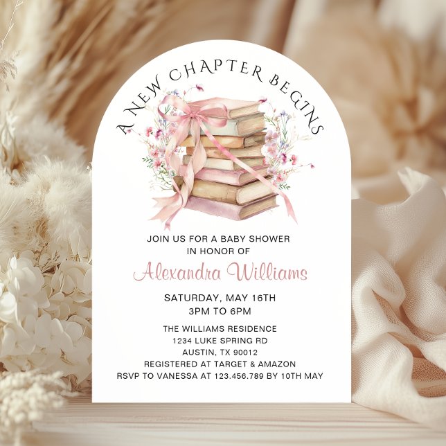 Invitation Un nouveau chapitre commence Coquette Books Baby S (A New Chapter Begins Pink Coquette Bow Books Baby shower Invitation)