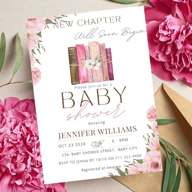 Invitation Un nouveau chapitre commence Floral Girl Baby show (A New Chapter Begins Pink Girl Book Baby Shower Invitation)