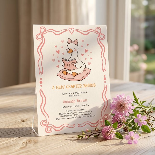 Invitation Un Nouveau Chapitre Commence Shower pour Bébé Fill (Pink Bow Goose Storybook Baby Girl Shower A New Chapter Begins Cute Ribbon)
