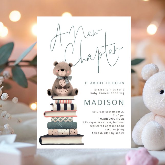 Invitation Un nouveau chapitre livre Teddy Bear Baby shower (Créateur téléchargé)