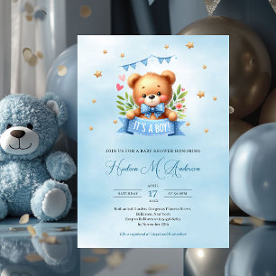 Invitation Un ours en peluche doux c'est un baby shower garço