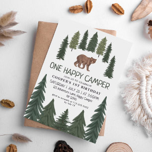 Invitation Un ours heureux campeur bois 1er anniversaire