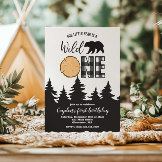 Invitation Un Ours Sauvage Buffle Noir Plaid Premier annivers (Créateur téléchargé)