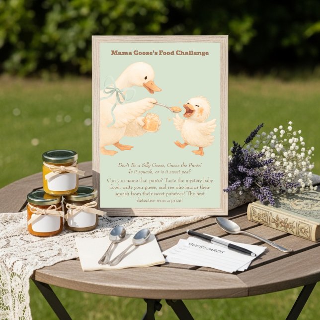 Invitation Un panneau de jeu de défi de nourriture pour bébé  (A silly Goose Green Baby Food Challenge Game Sign )