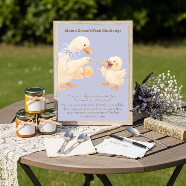 Invitation Un panneau de jeu pour défi de nourriture pour béb (A silly Goose Blue Baby Food Challenge Game Sign)
