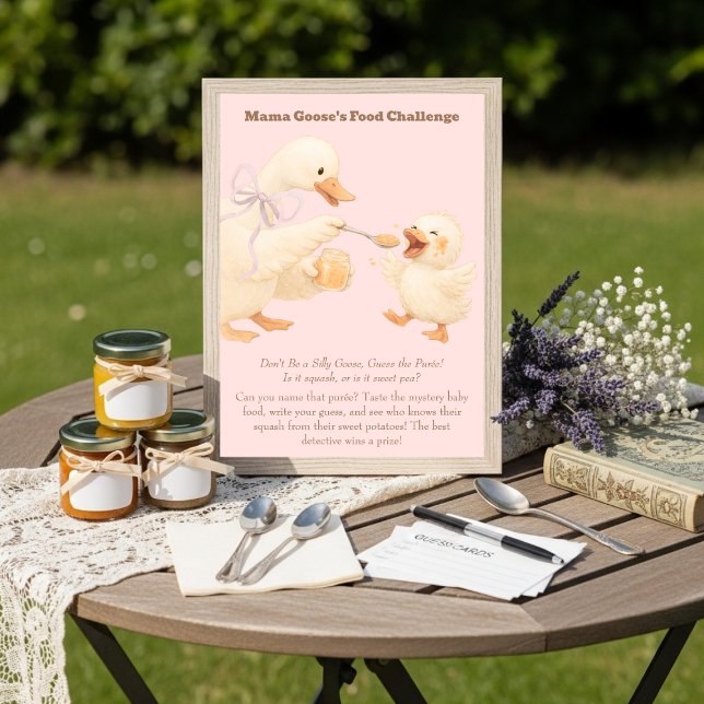 Invitation Un panneau de jeu pour le défi de nourriture pour  (A silly Goose Pink Baby Food Challenge Game Sign)