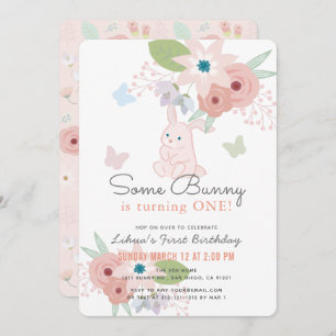 Invitation Un Papillon Floral Bunny rose 1er anniversaire