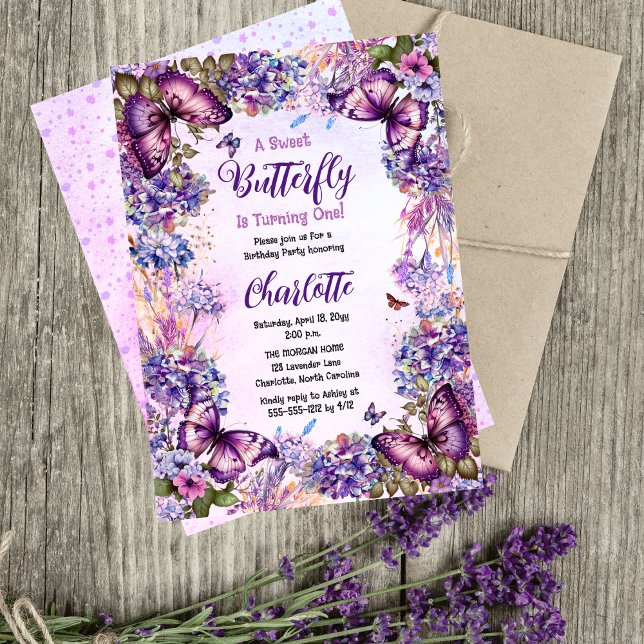 Invitation Un Papillon Sucré Tourne Une Fille 1er Anniversair (A Sweet Butterfly Is Turning One Girl Butterflies and Floral 1st Birthday Party Invitation)