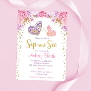 Invitation Un papillon violet en or rose et une petite fille