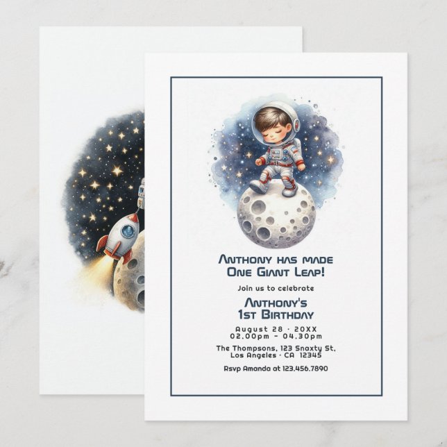 Invitation Un pas de géant Fête d'anniversaire Petit Astronau (Devant / Derrière)