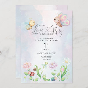 Invitation Un petit amour Bug Watercolor Girl 1er anniversair