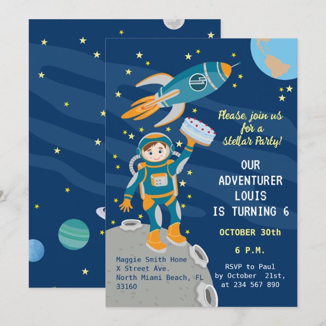 Invitation Un petit astronaute rêve fête d'anniversaire (Devant / Derrière)