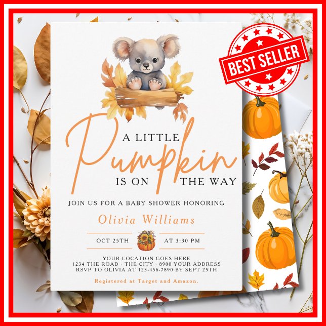 Invitation Un Petit Automne Automne Citrouille Baby shower KO (A Little Pumpkin is on the Way Fall Autumn CUTE KOALA BEAR Baby Shower Invitation)