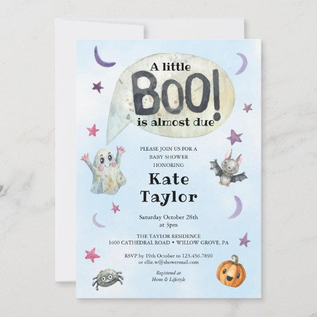 Invitation Un petit Baby shower bleu Halloween Boo (Devant)