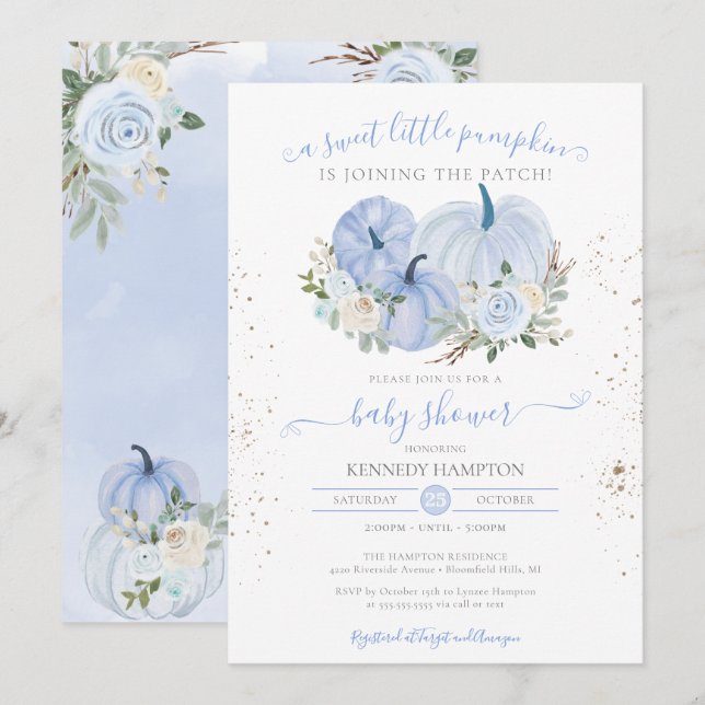 Invitation Un petit Baby shower Citrouille Blue White Boy Gir (Devant / Derrière)