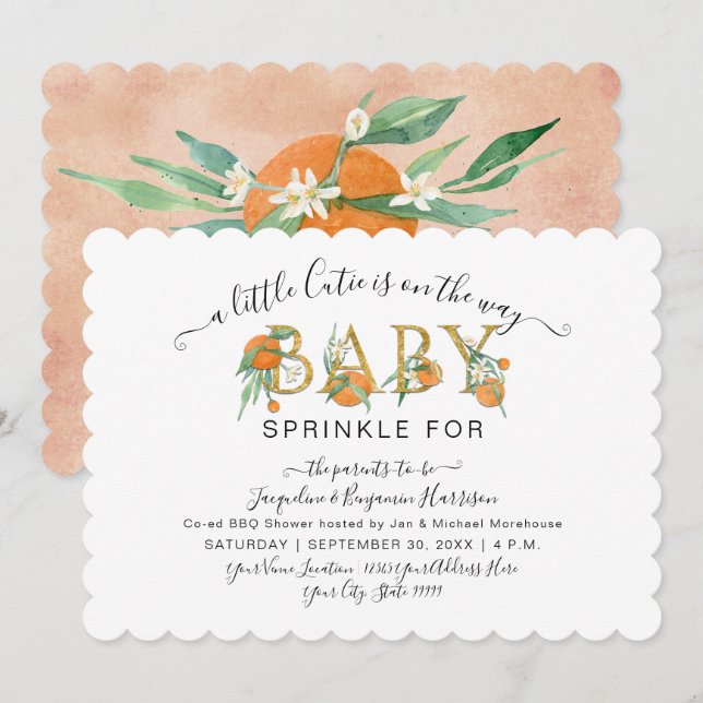 Invitation Un petit Baby shower d'aquarelle aux Oranges Cutie (Devant / Derrière)