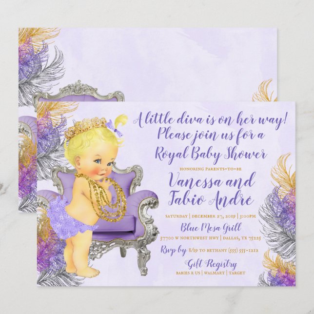 Invitation Un petit Baby shower d'aquarelle Diva Purple Gold (Devant / Derrière)