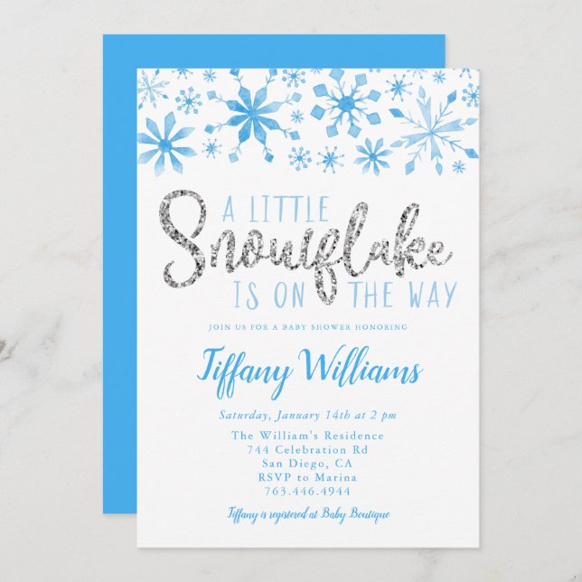 Invitation Un petit Baby shower d'argent bleu Snowflake (Devant / Derrière)