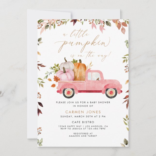 Invitation Un Petit Baby shower D'Automne De Camion Rose Citr (Devant)