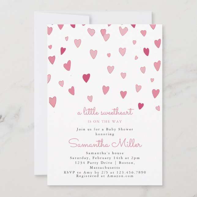 Invitation Un petit Baby shower de Coeurs roses amoureux (Devant)