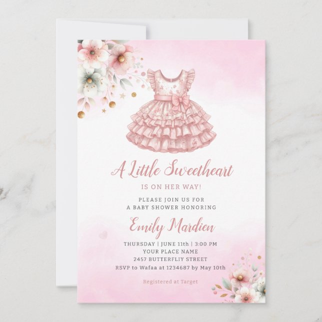 Invitation Un petit Baby shower de fille aux vêtements roses  (Devant)