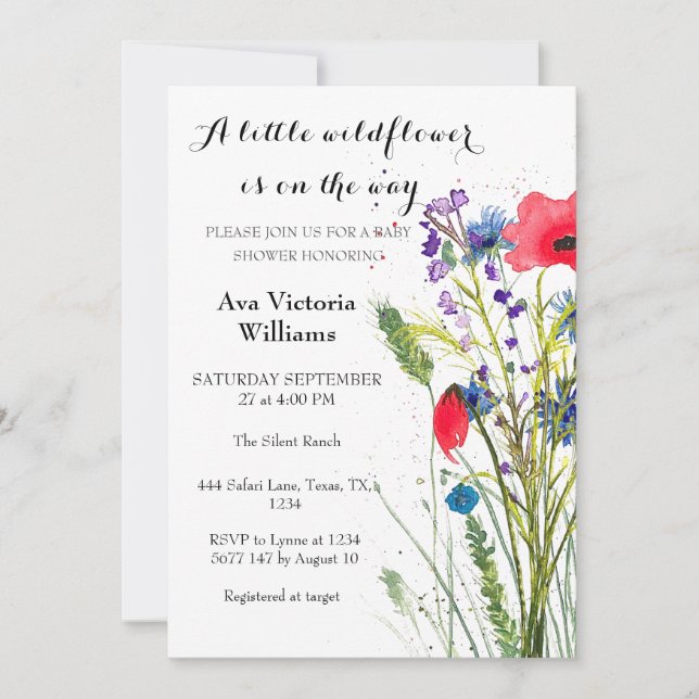 Invitation Un petit Baby shower de fille Fleur sauvage (Devant)