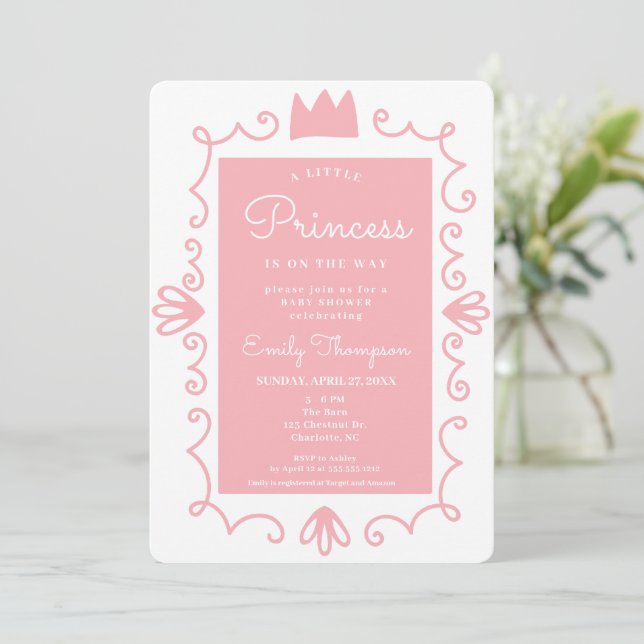 Invitation Un petit Baby shower de fille rose moderne Princes (Debout devant)