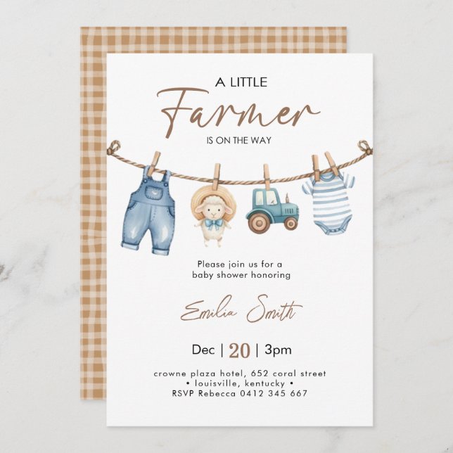 Invitation Un petit Baby shower de linge de bébé fermier (Devant / Derrière)