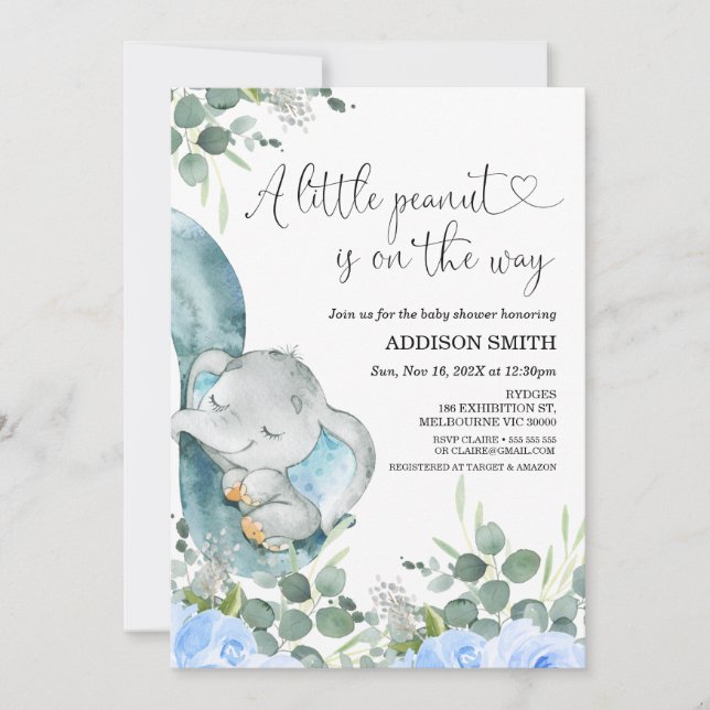 Invitation Un petit Baby shower d'éléphant à fleurs d'arachid (Devant)