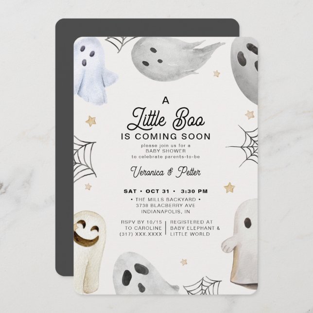 Invitation Un petit Baby shower d'Halloween gris neutre Boo (Devant / Derrière)