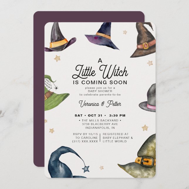 Invitation Un petit Baby shower d'Halloween violet de sorcièr (Devant / Derrière)