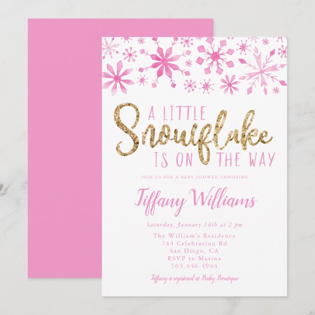 Invitation Un petit Baby shower d'or rose Snowflake (Devant / Derrière)