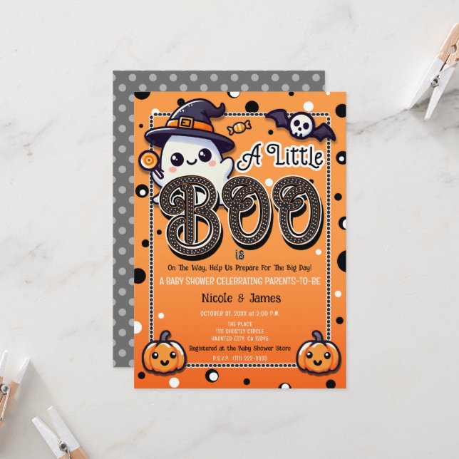 Invitation Un petit Baby shower Pois d'Halloween (Devant/Arrière en situation)