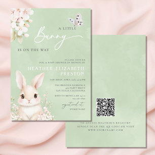 Invitation Un petit Baby shower QR vert Bunny Sage