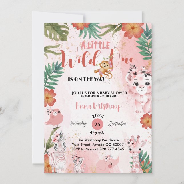 Invitation un petit baby shower sauvage safari fille rose (Devant)