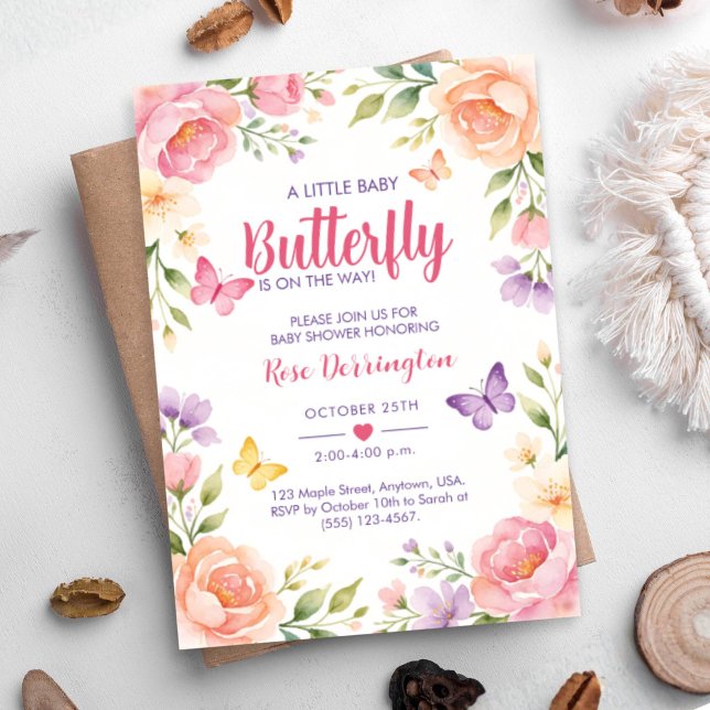 Invitation Un petit bébé papillon arrive Fleur bébé  (Créateur téléchargé)