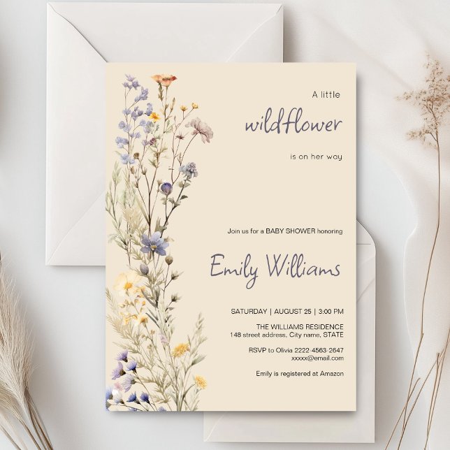 Invitation Un petit Boho Fleur sauvage Baby shower rustique i (A little wildflower elegant rustic boho watercolor baby shower invitation, baby in bloom)