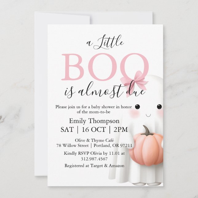 Invitation Un Petit Boo Est Presque Dû Fille Baby shower Rose (Devant)