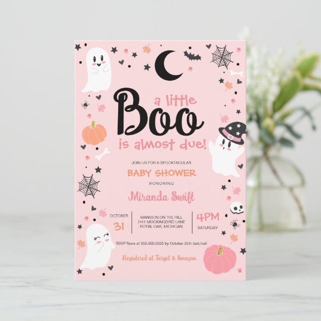 Invitation Un Petit Boo Joli Baby shower rose Fantôme Hallowe (Debout devant)
