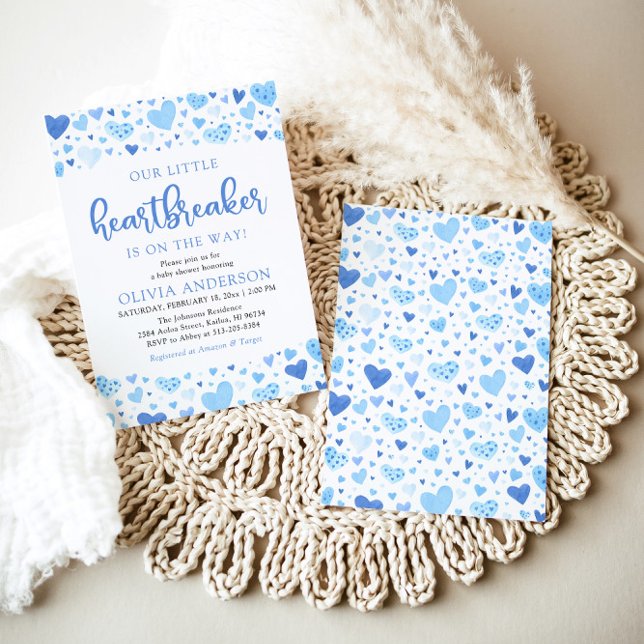 Invitation Un petit brise-coeur Baby shower de Saint Valentin (Watercolor Cute A Little Heartbreaker Blue Hearts Baby Boy Valentine Baby Shower Invitation)