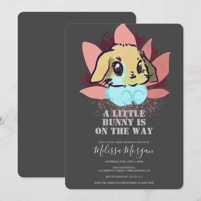 Invitation Un Petit Bunny Baby shower Gray (Devant / Derrière)
