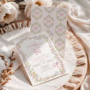 Invitation Un petit cadre de ruban rose de fleur sauvage Baby