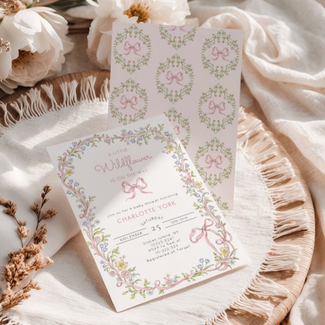 Invitation Un petit cadre de ruban rose de fleur sauvage Baby (Créateur téléchargé)